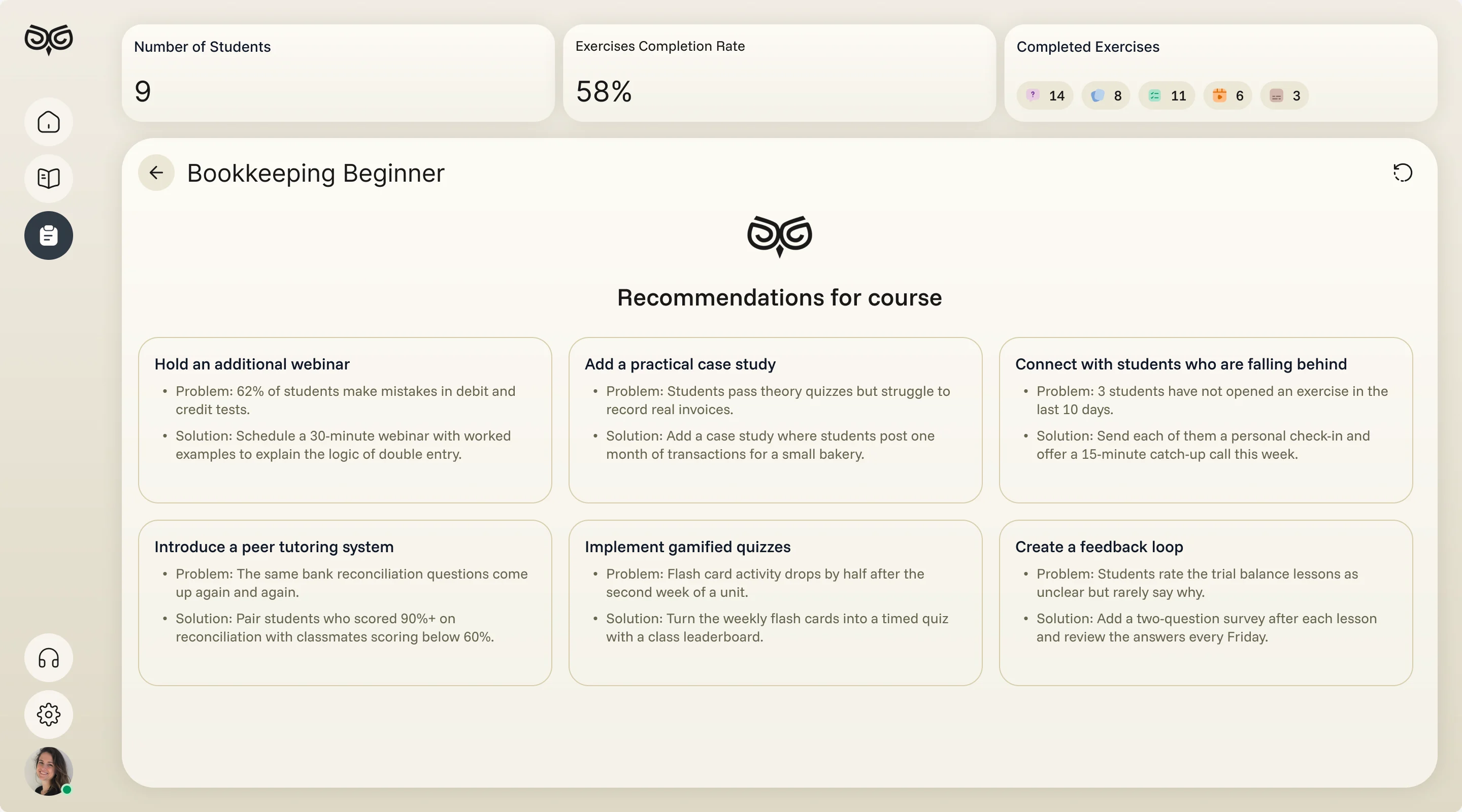 AI recommendations for the Bookkeeping Beginner course: six cards, each a problem found in student results and a suggested fix