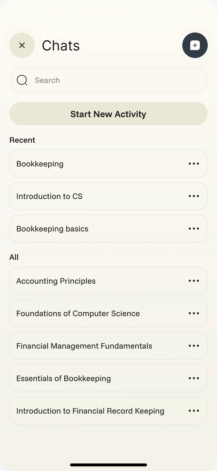 Chats panel with search, a Start New Activity button, and recent and all chats listed by course