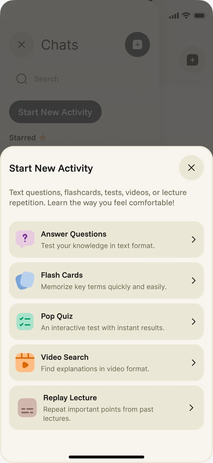 Start New Activity sheet with five study modes: answer questions, flash cards, pop quiz, video search and replay lecture