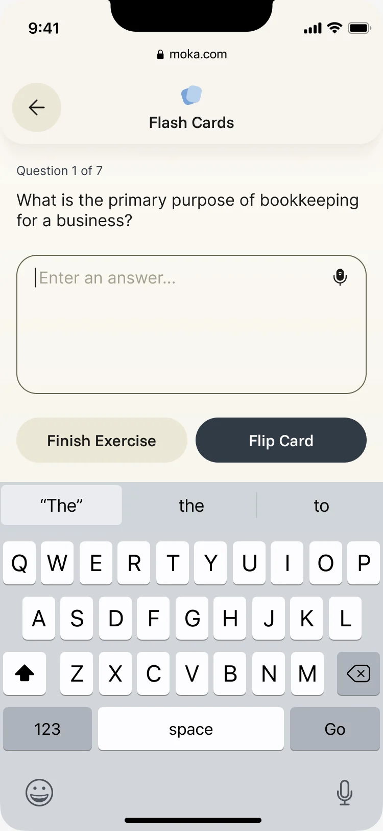 Flash card 1 of 7 asking the main purpose of bookkeeping, with a text answer field