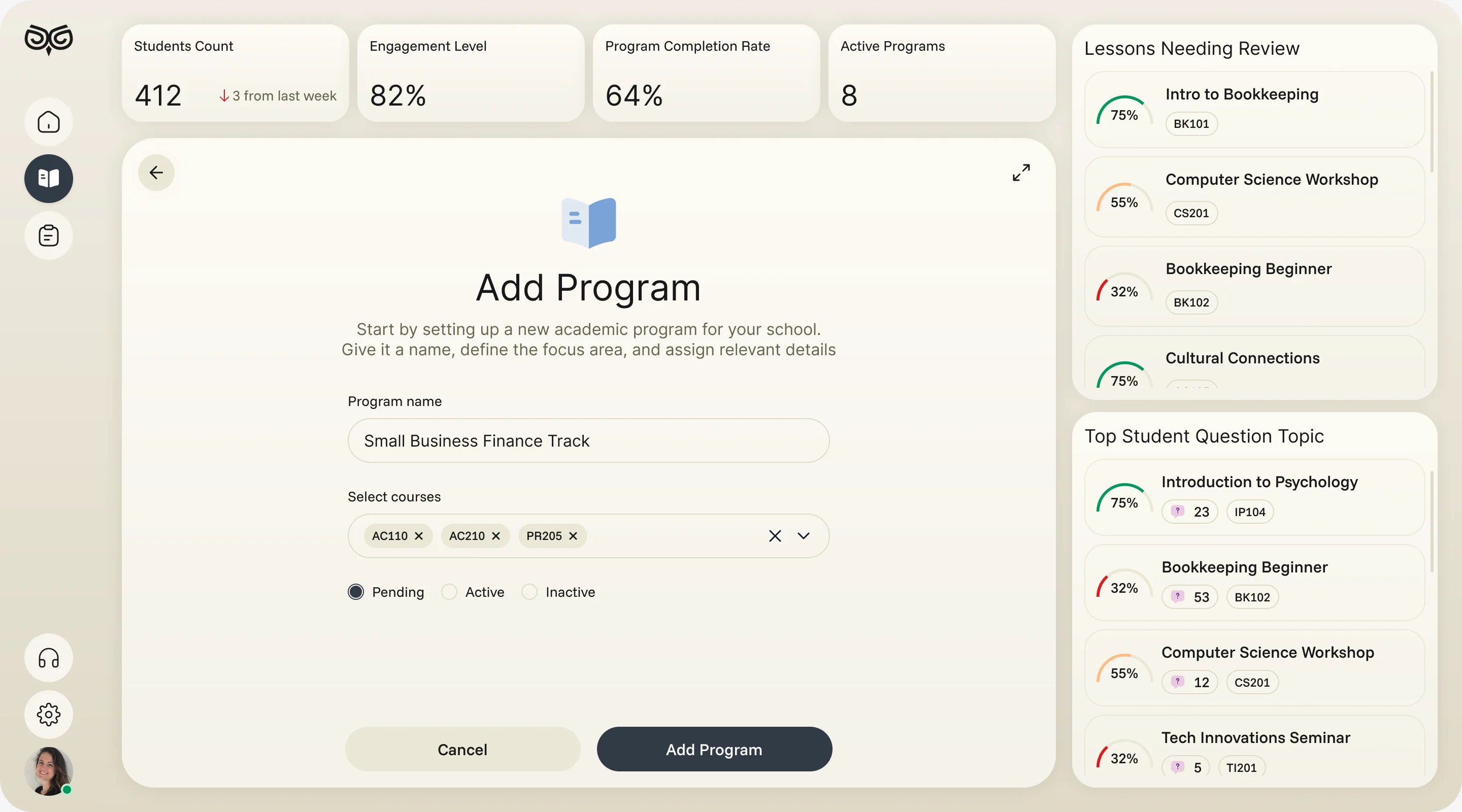 Add Program form filled in: a programme name, three selected courses and a pending status