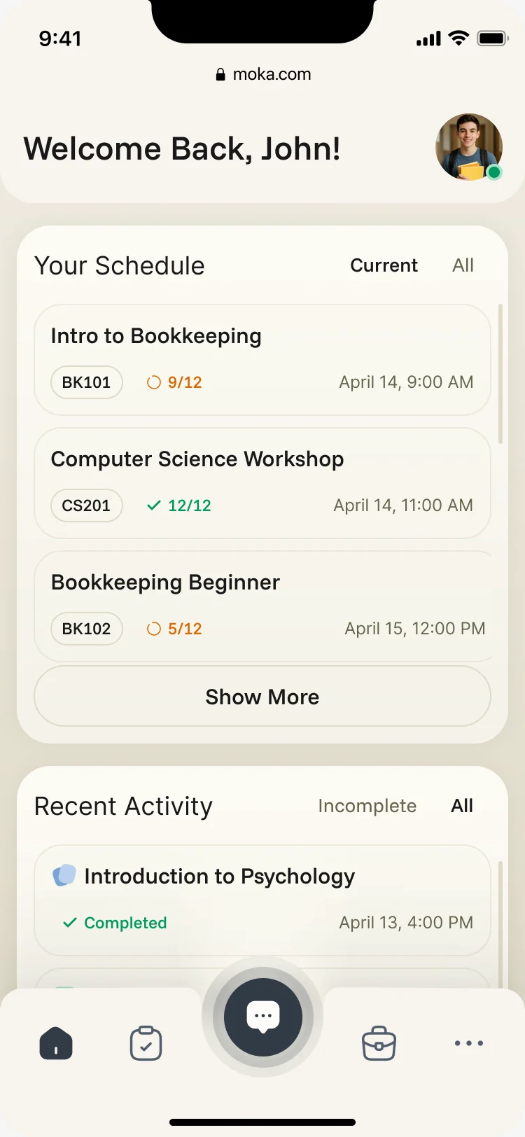 Moka student home: greeting, today’s schedule with course codes and progress, and recent activity above the tab bar