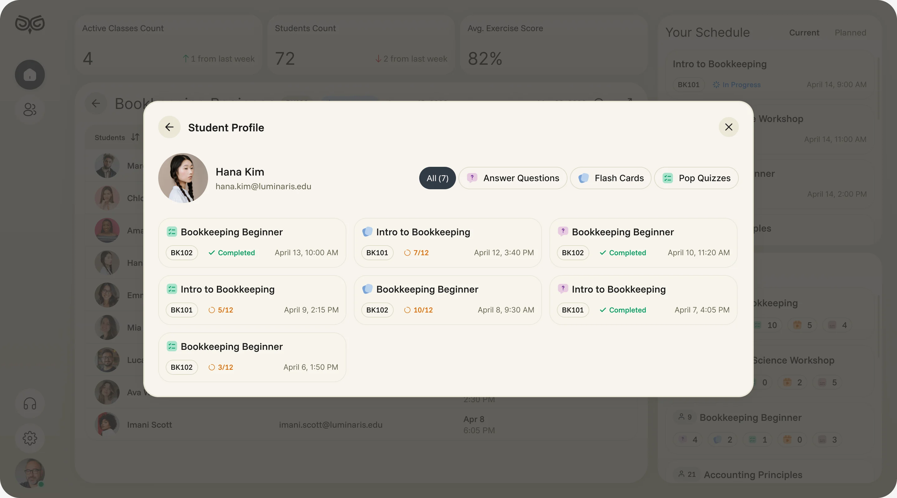 Student profile for Hana Kim with seven exercise cards across two courses, filterable by type
