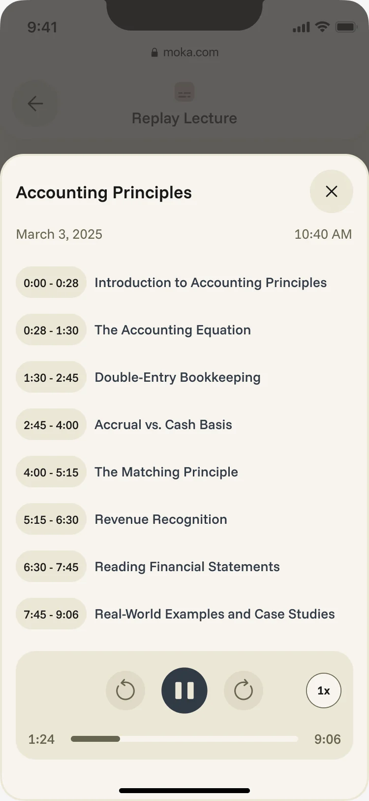 Replay of the Accounting Principles lecture: timestamped chapters and an audio player