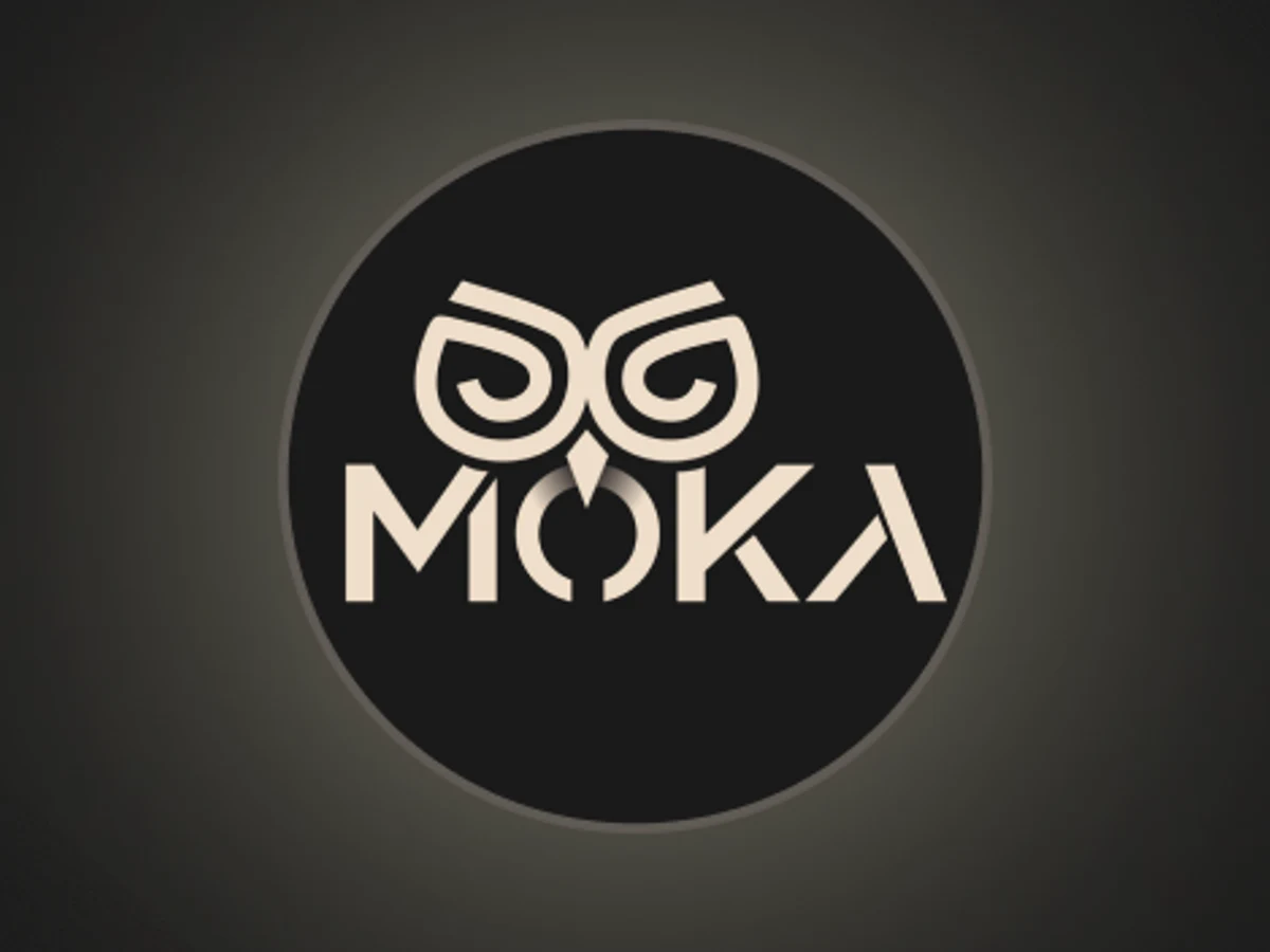 The Moka owl logomark over the wordmark, in cream on a dark round badge