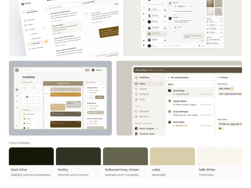 The Deep Focus moodboard: reference interfaces in coffee tones and its palette of dark olive, earthy, grey-green, latte and milk white