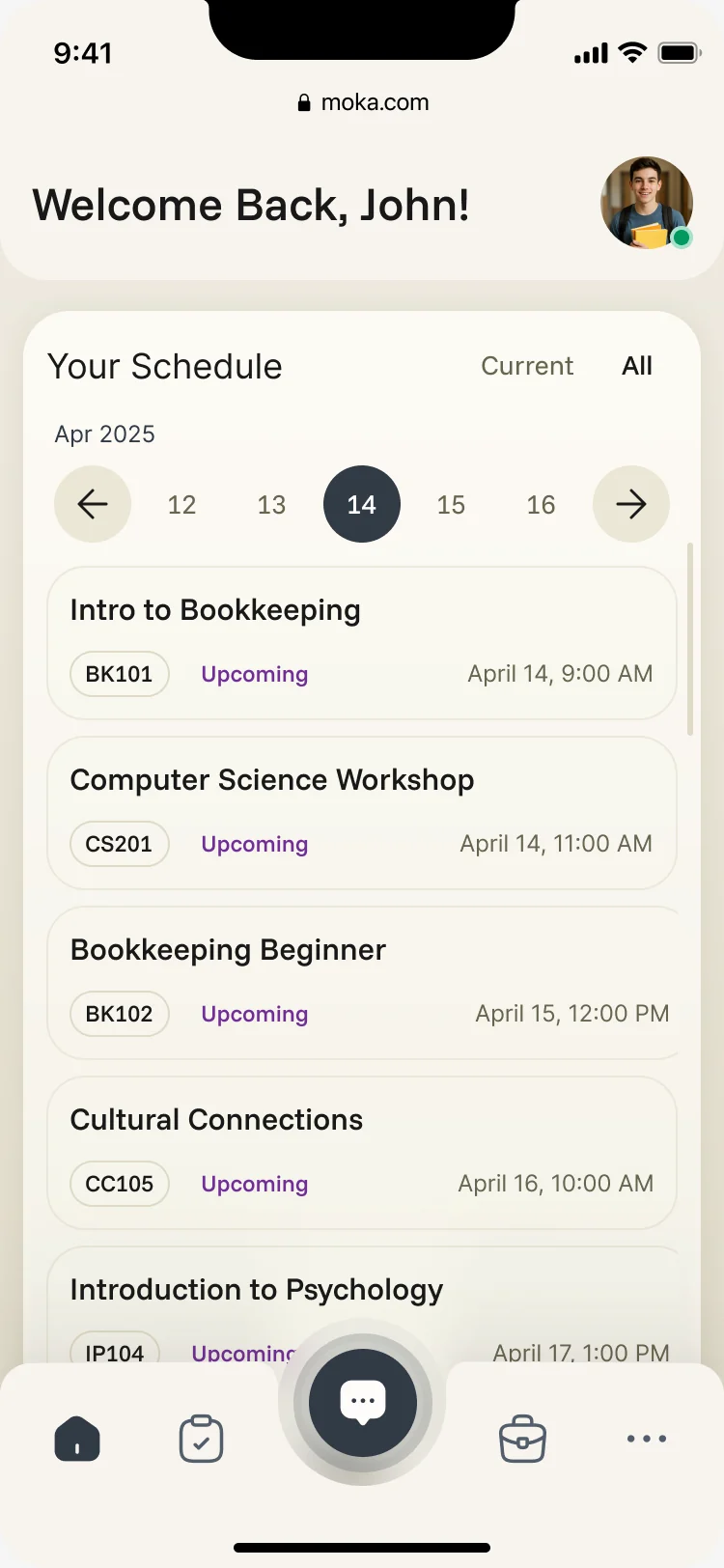 Schedule view with an April 2025 day picker and upcoming classes with course codes and times