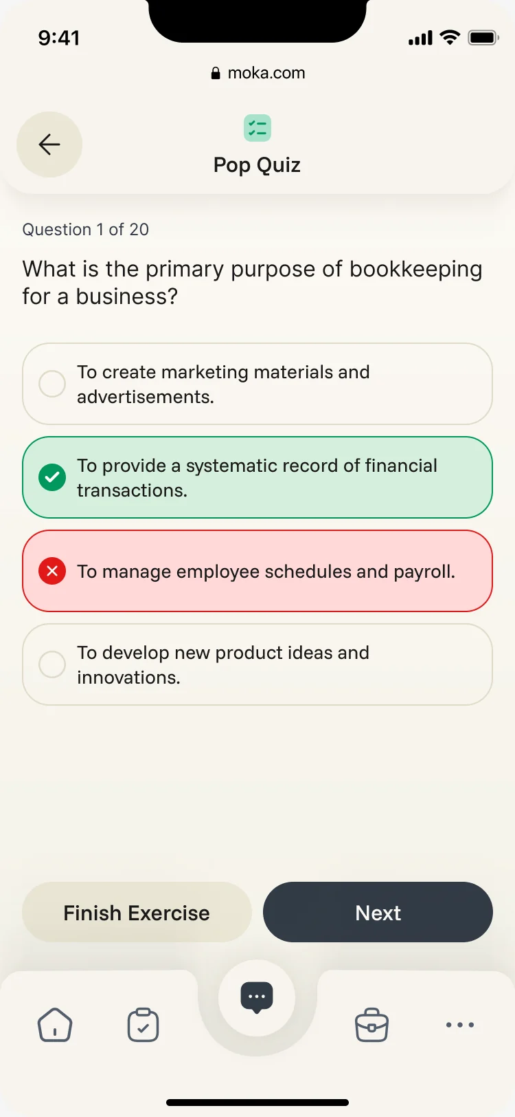 Pop quiz question 1 of 20 with the correct option highlighted green and the chosen wrong option red