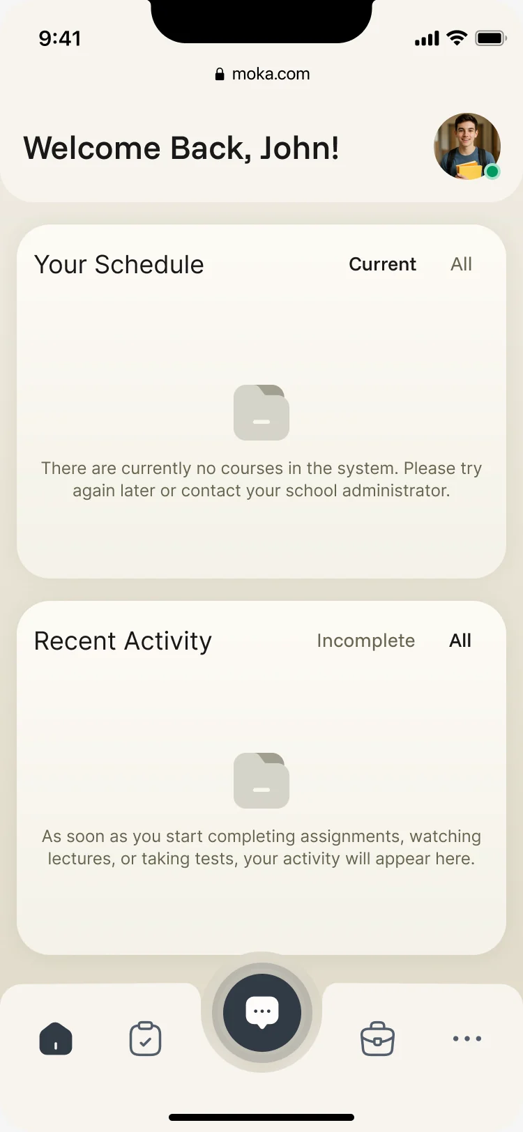 Empty home: no courses in the schedule and no recent activity, each with a short explanation