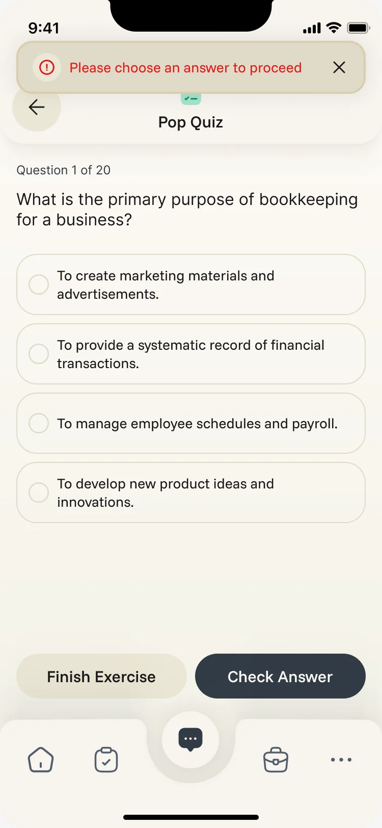 Pop quiz question with no option selected and a message asking to choose an answer