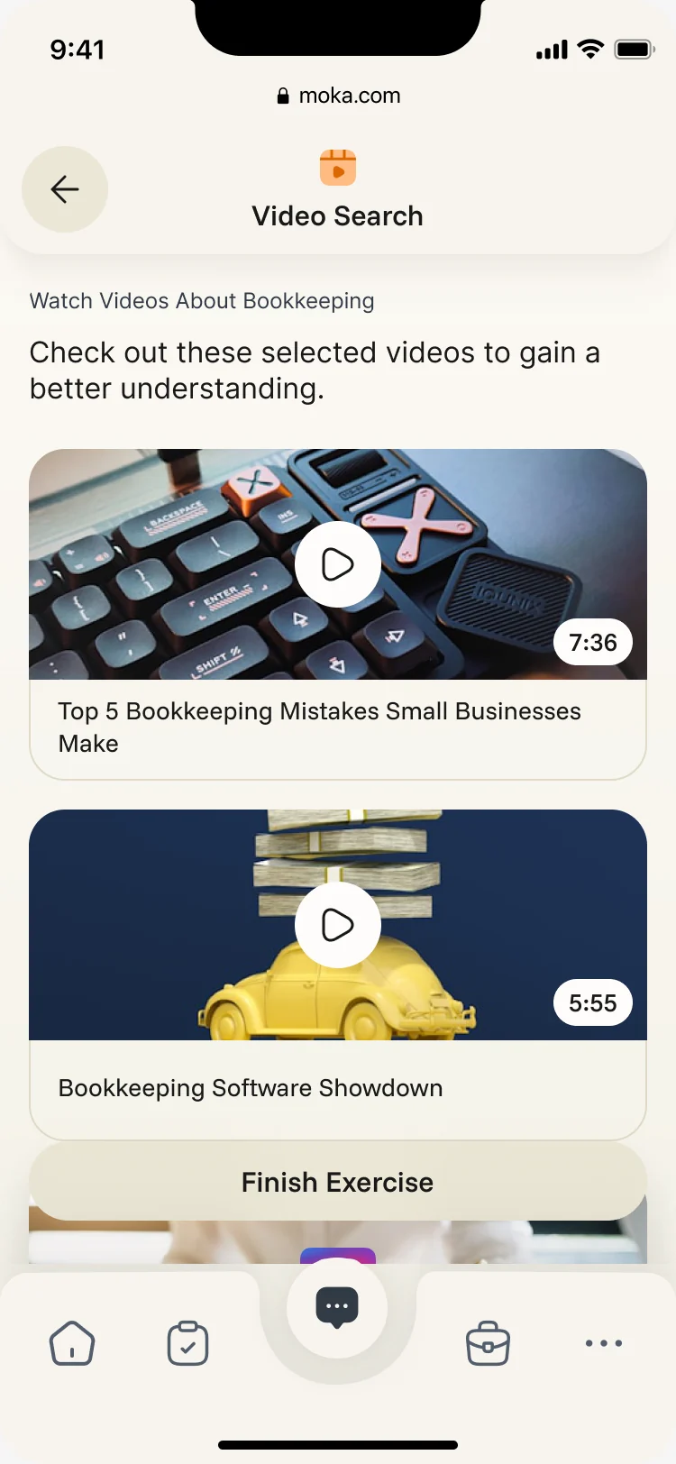Video search results about bookkeeping, each with a thumbnail, duration and title