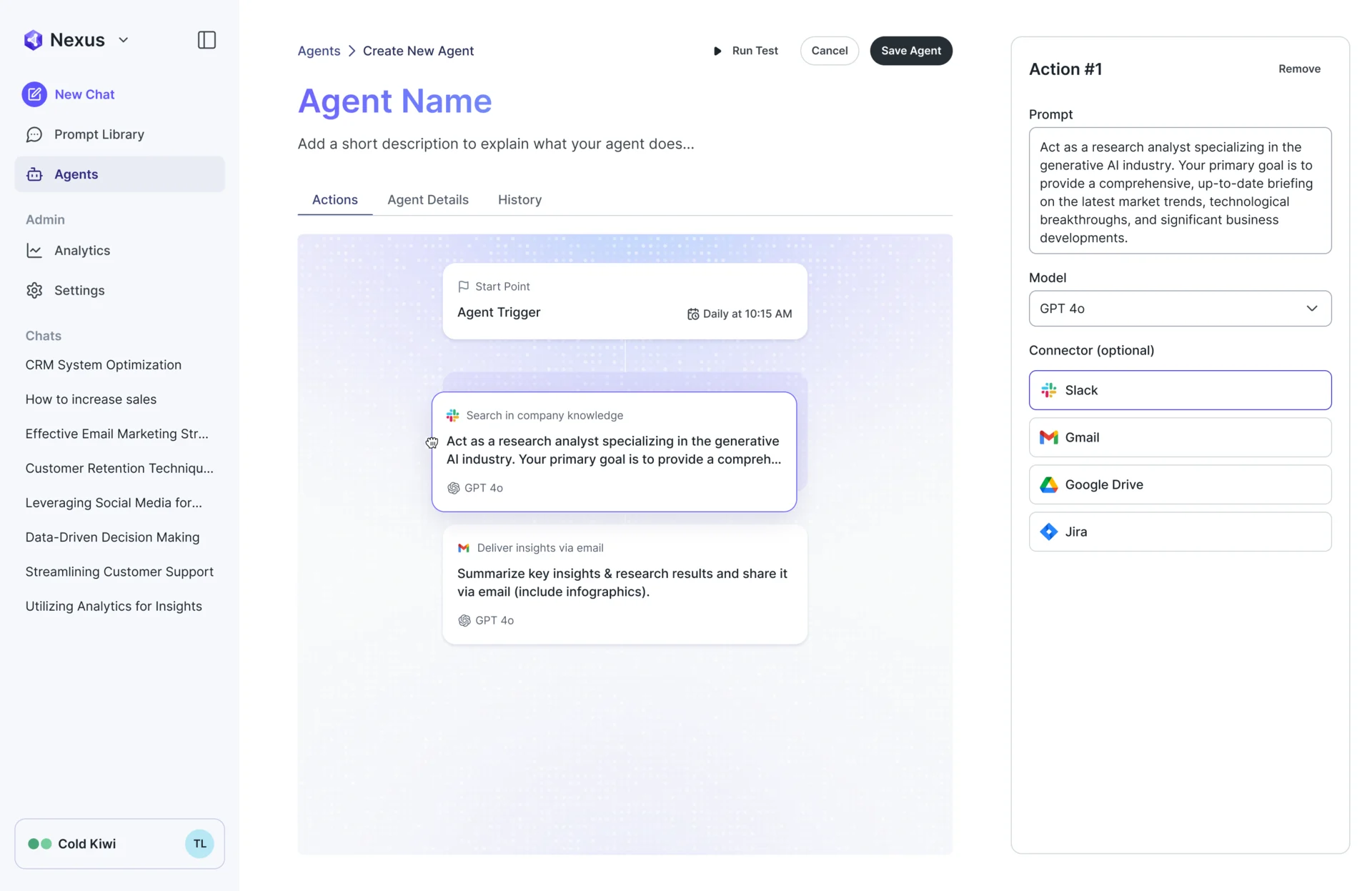 Manual builder with the Search in company knowledge action lifted and dragged on the flow, and the Action #1 panel with its prompt, model and connector