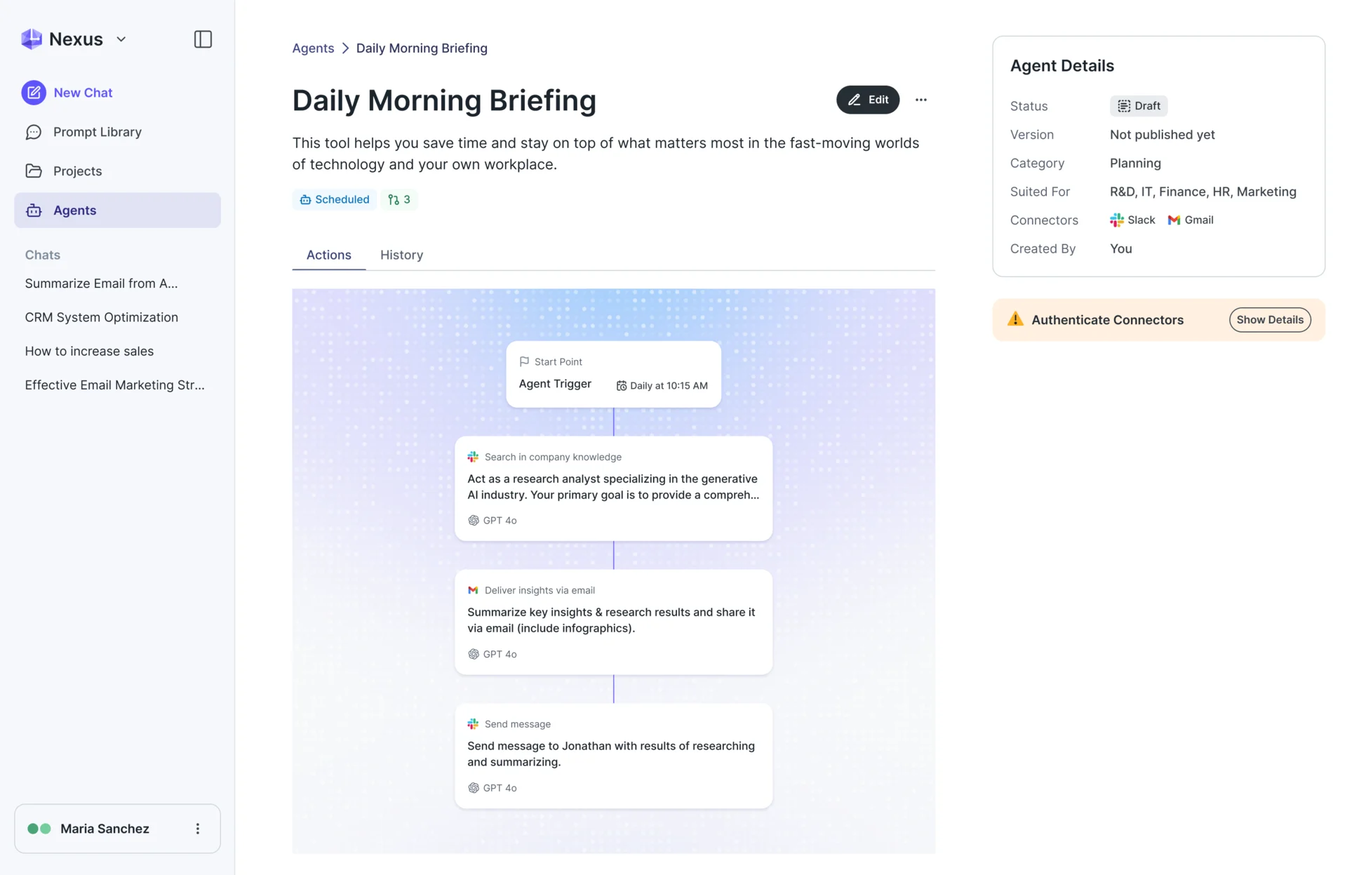Nexus agent page for Daily Morning Briefing: name, description and a Scheduled badge, the flow from the daily trigger through a knowledge search, an email summary and a Slack message, the Agent Details card and an Authenticate Connectors warning