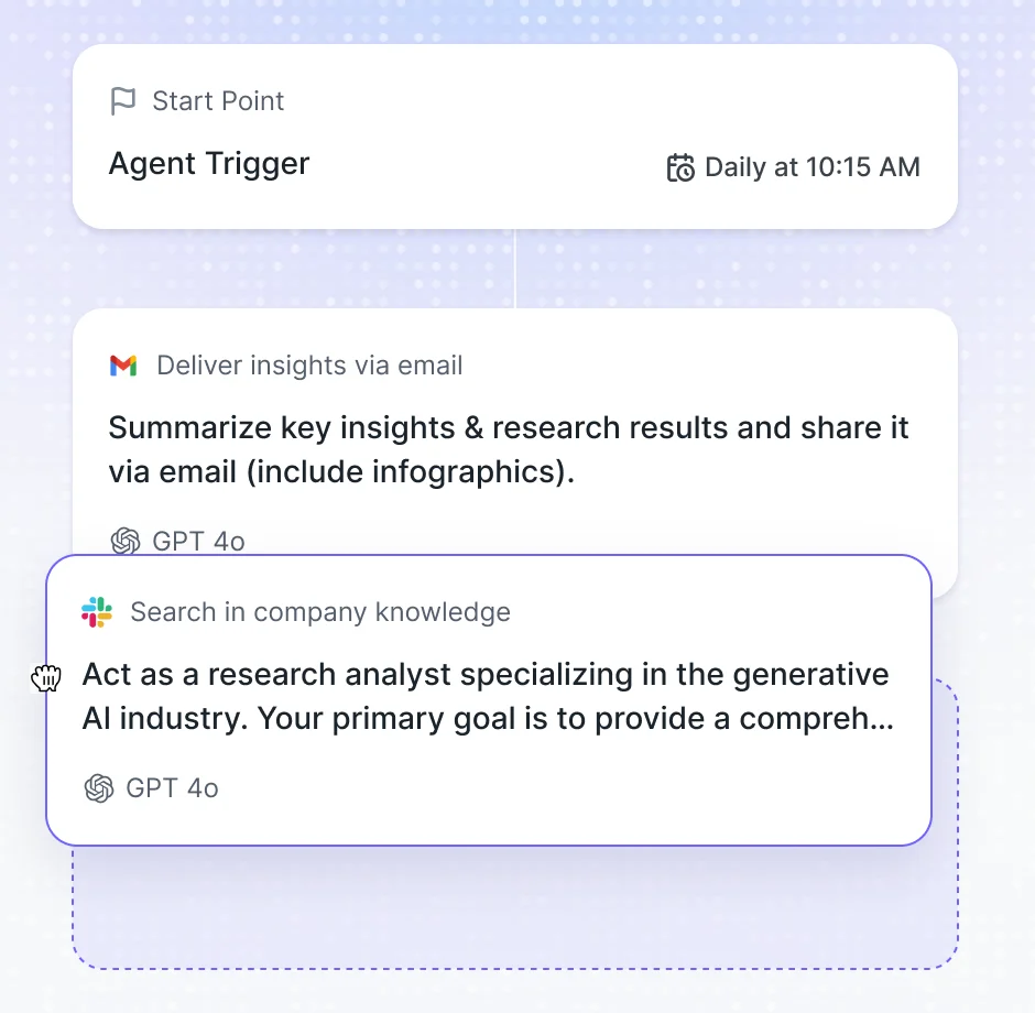 The action card carried below the email action, a dashed slot marking where it will land