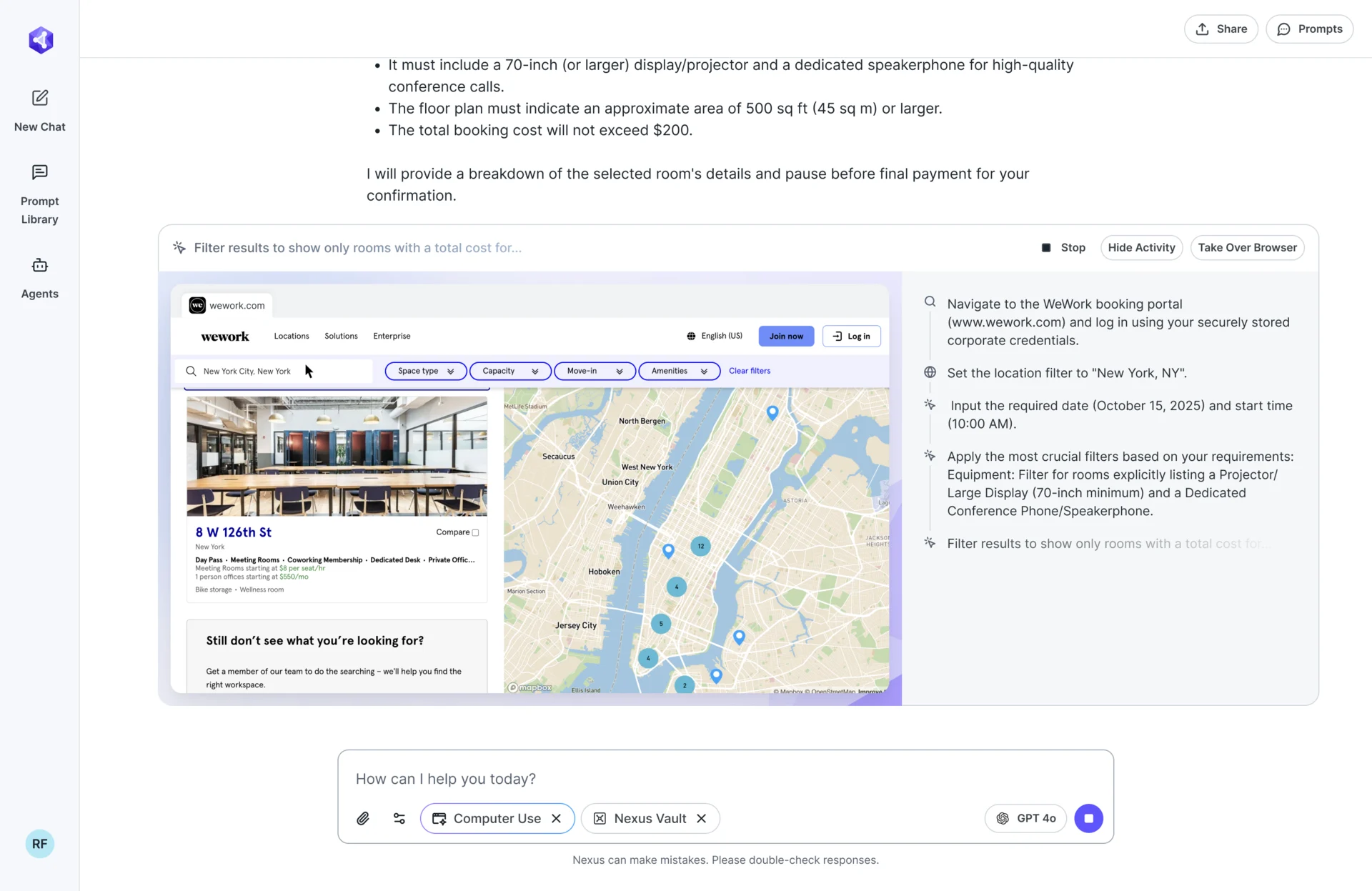 Computer Use in the chat: a live browser on a workspace booking site with a map of New York, the agent’s steps on the right, and Stop, Hide Activity and Take Over Browser above