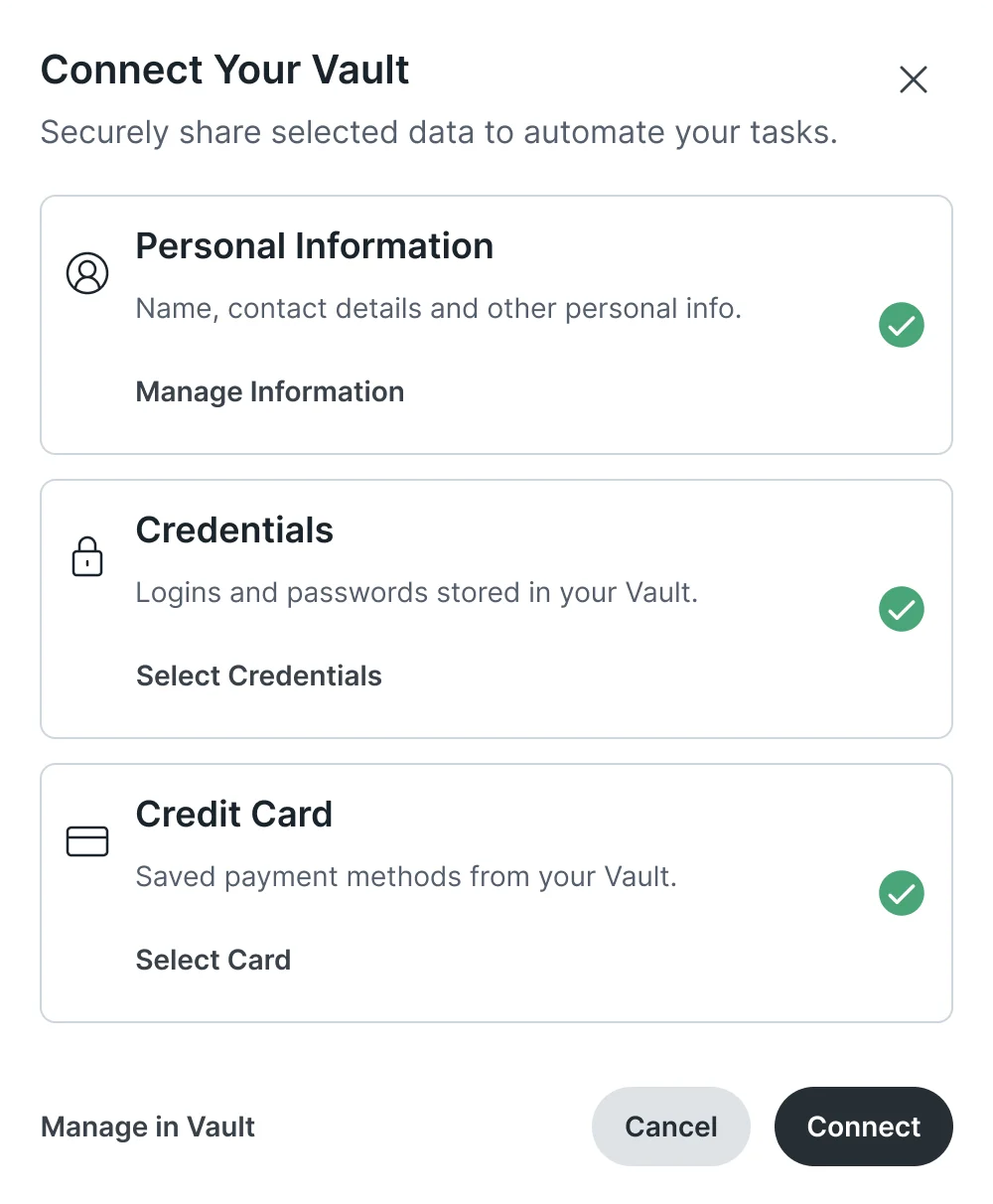 Connect Your Vault: personal information, credentials and credit card, each with its own selection, then Manage in Vault, Cancel and Connect