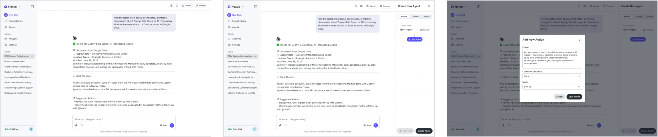 Three steps from a chat to an agent: a chat answer with documents and Slack threads, the Create New Agent panel beside it, and the Add New Action dialog filled in