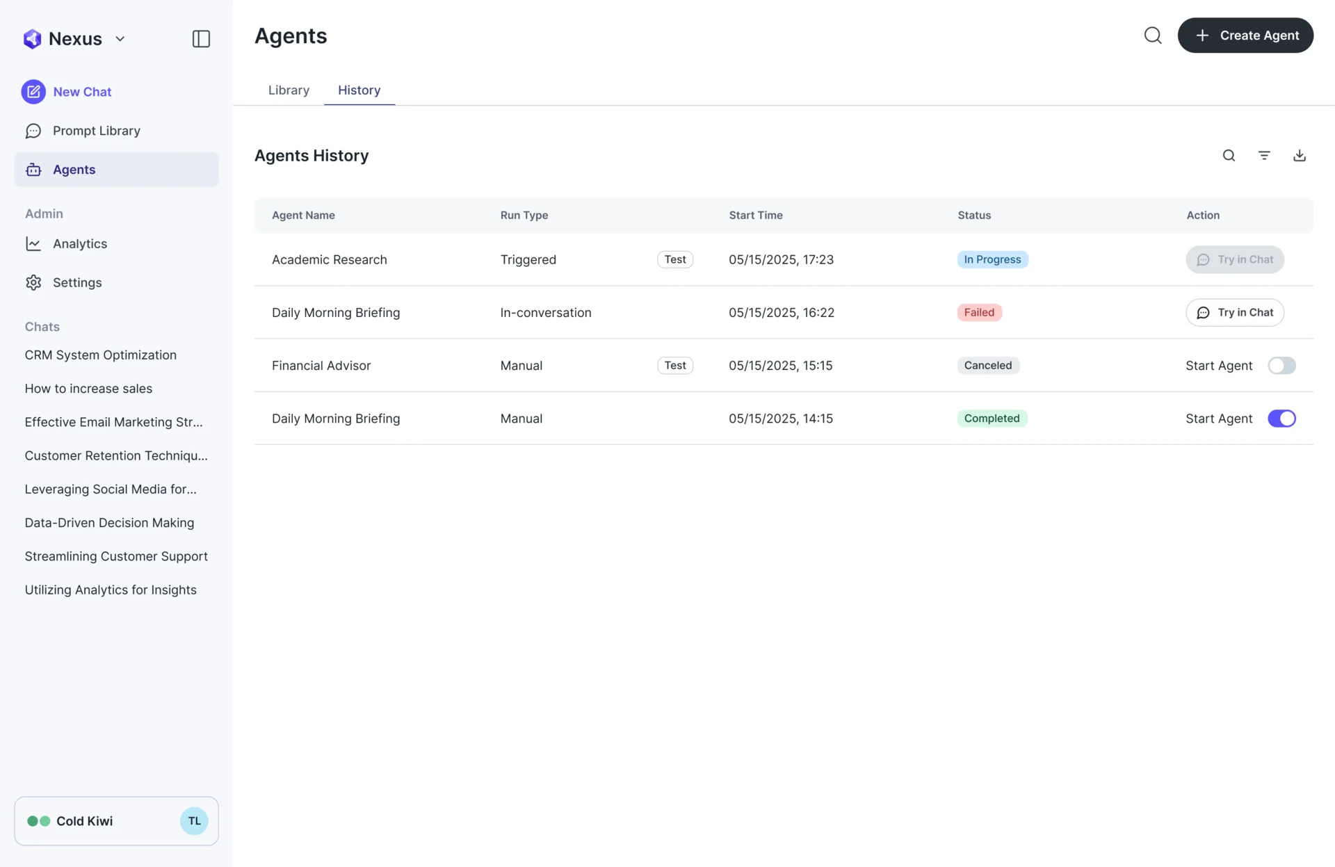 Agents History table with agent name, run type, start time, status badges for In Progress, Failed, Canceled and Completed, and Try in Chat or Start Agent actions
