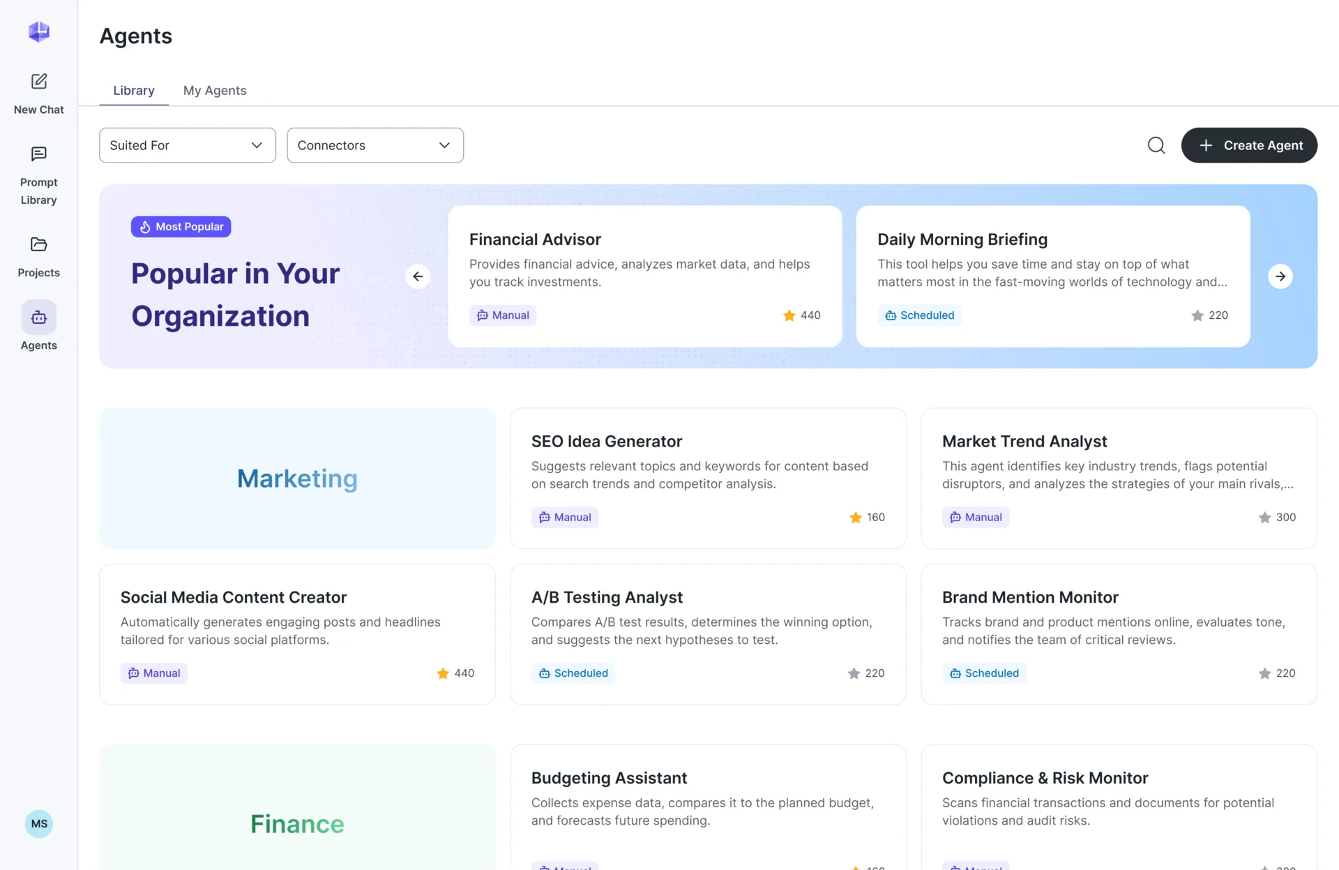 Agents library with Suited For and Connectors filters, a Popular in Your Organization carousel, and Marketing and Finance agents with Manual or Scheduled badges