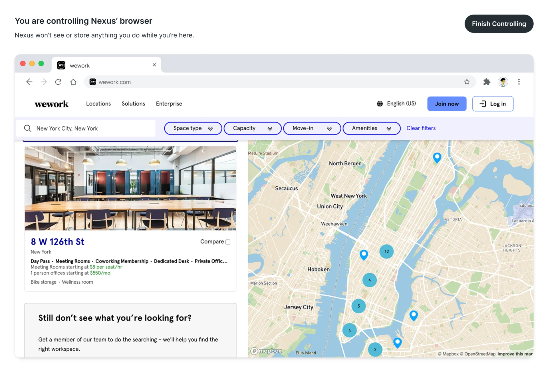 Take-over window: You are controlling Nexus’ browser, with a Finish Controlling button over the booking site