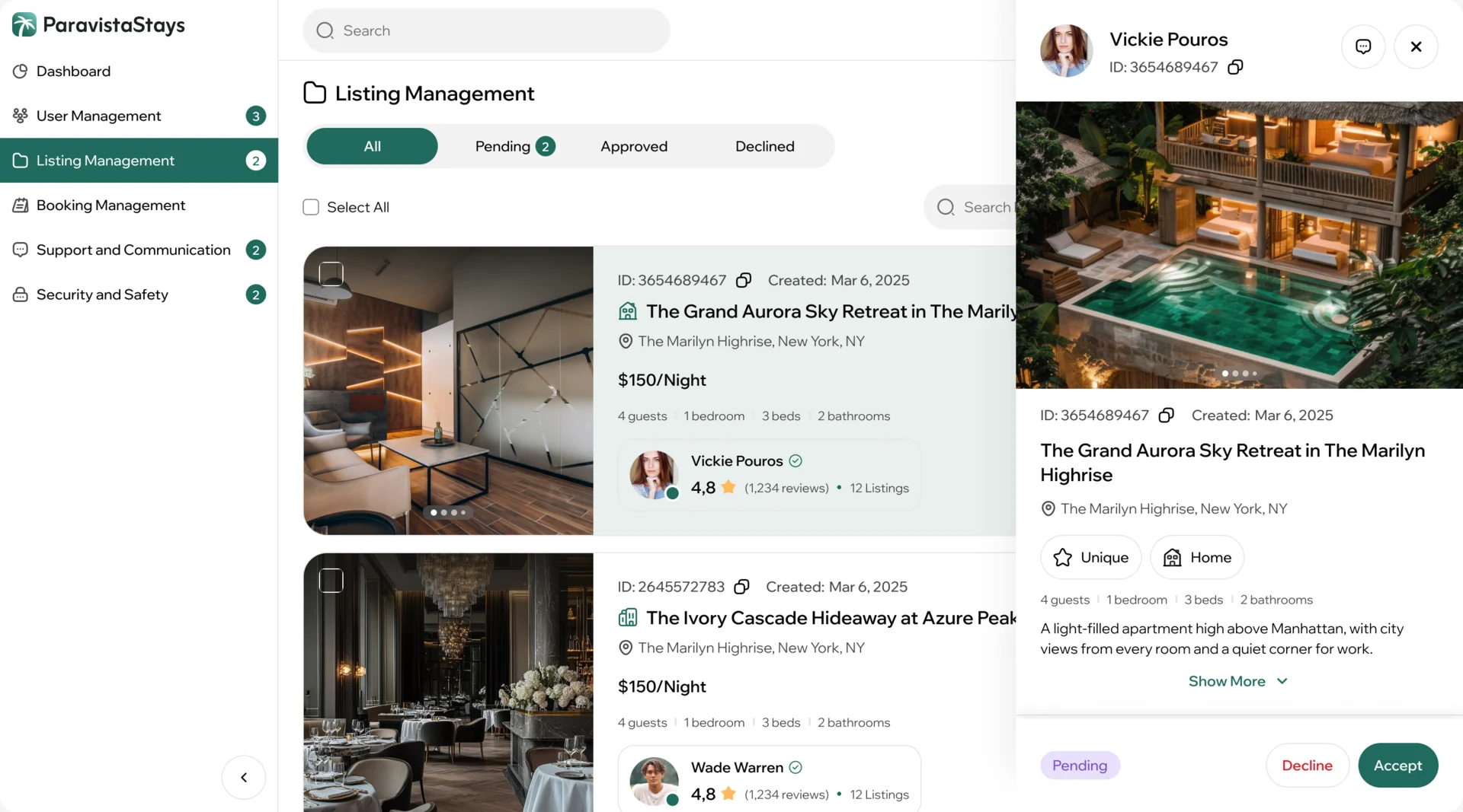 ParaVista admin listing management: a pending listing with its photos, address, price, rooms, host and description, and Accept and Decline