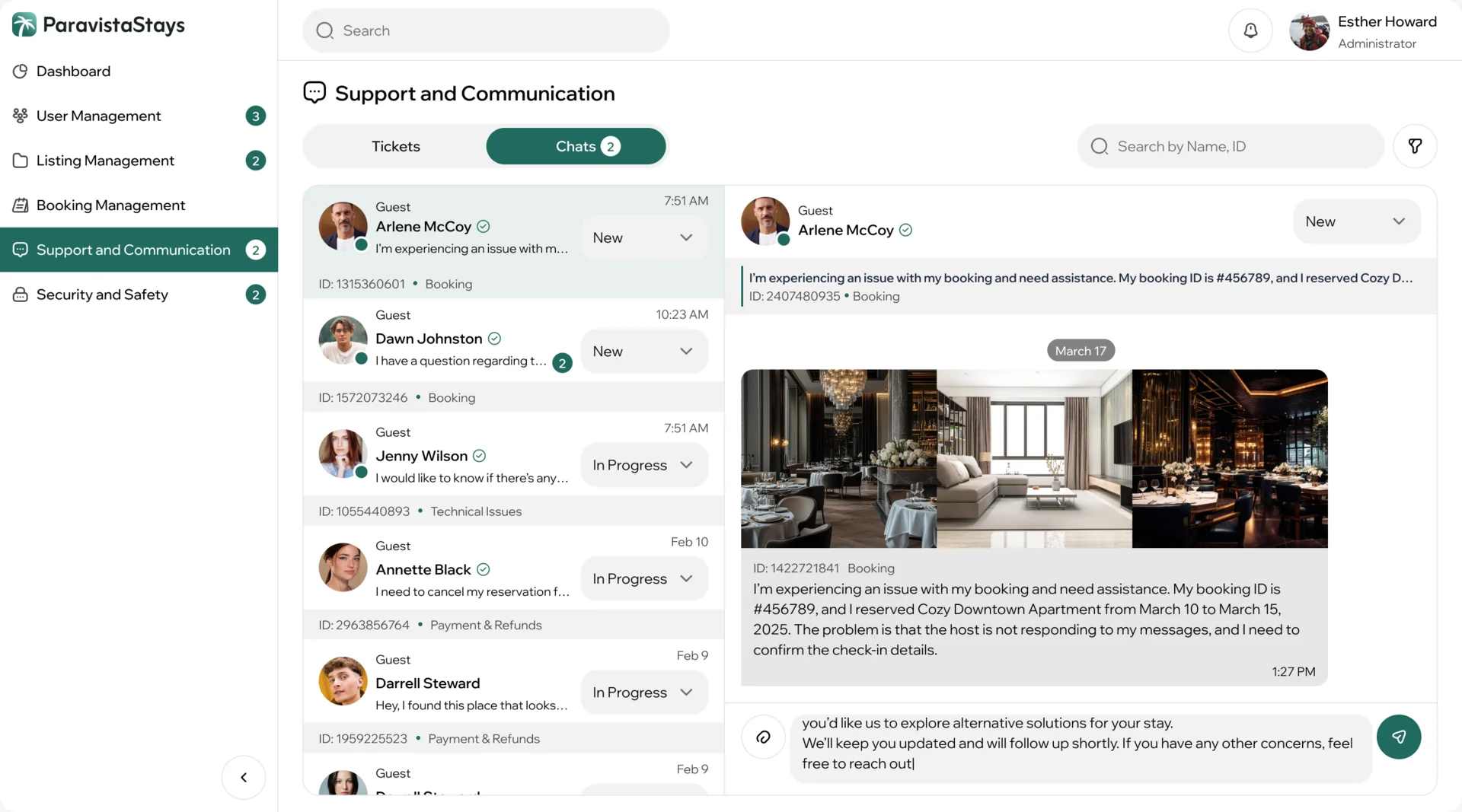 ParaVista admin support: chats sorted by topic and status, one conversation open about a booking