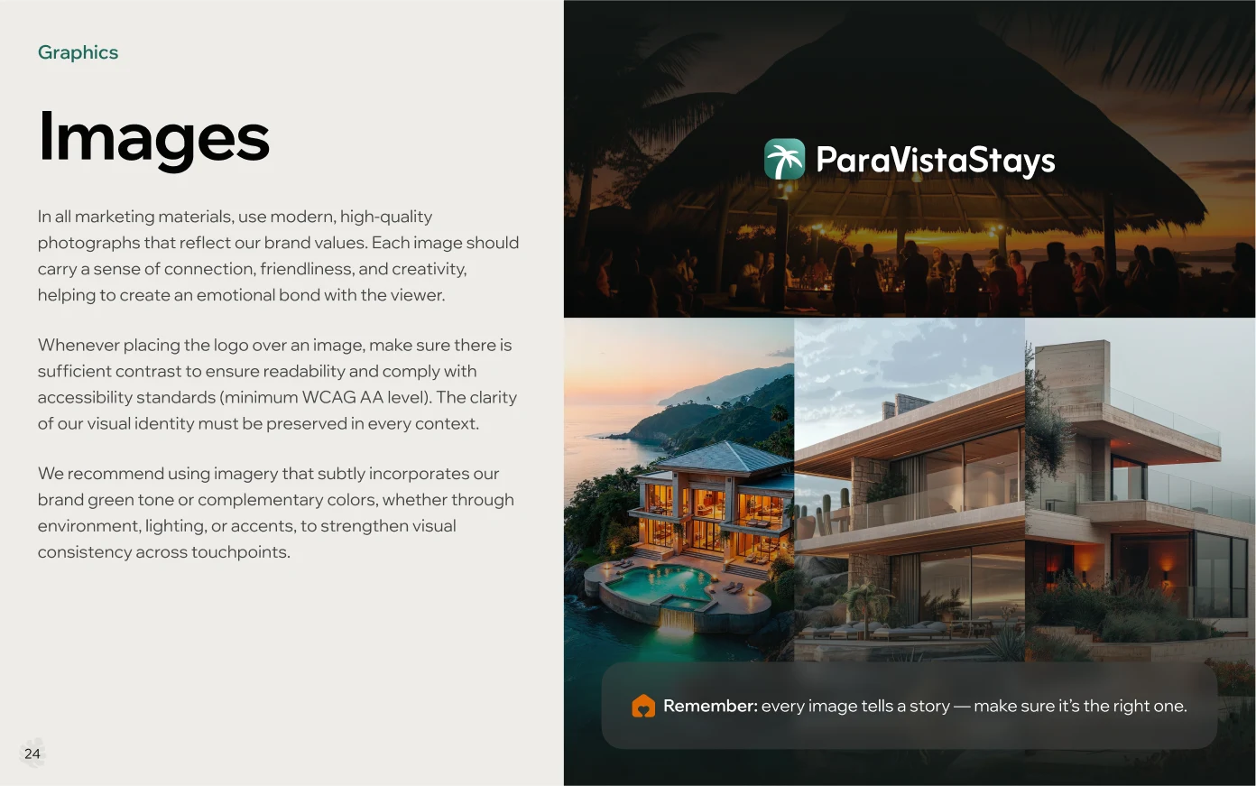 Brand book page, Images: guidance on photography and placing the logo over images, next to photos of villas at dusk