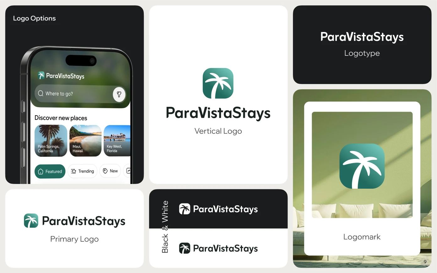 Brand book page, Logo Options: the primary logo, the vertical logo, the logotype, the logomark and black and white versions, with the app header on a phone