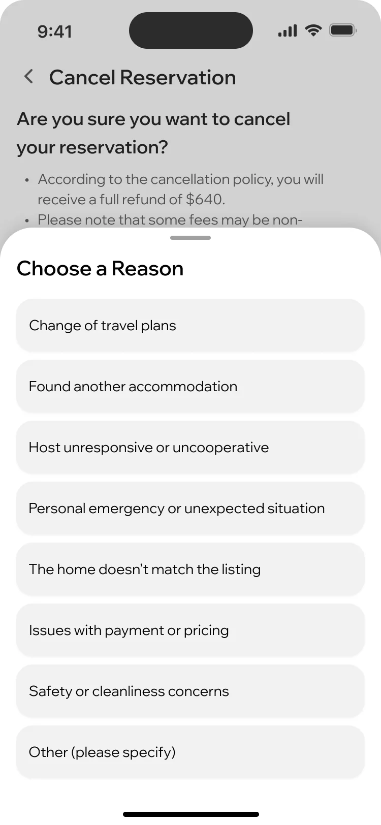 ParaVista cancel reservation with a list of reasons such as a change of travel plans or another accommodation found
