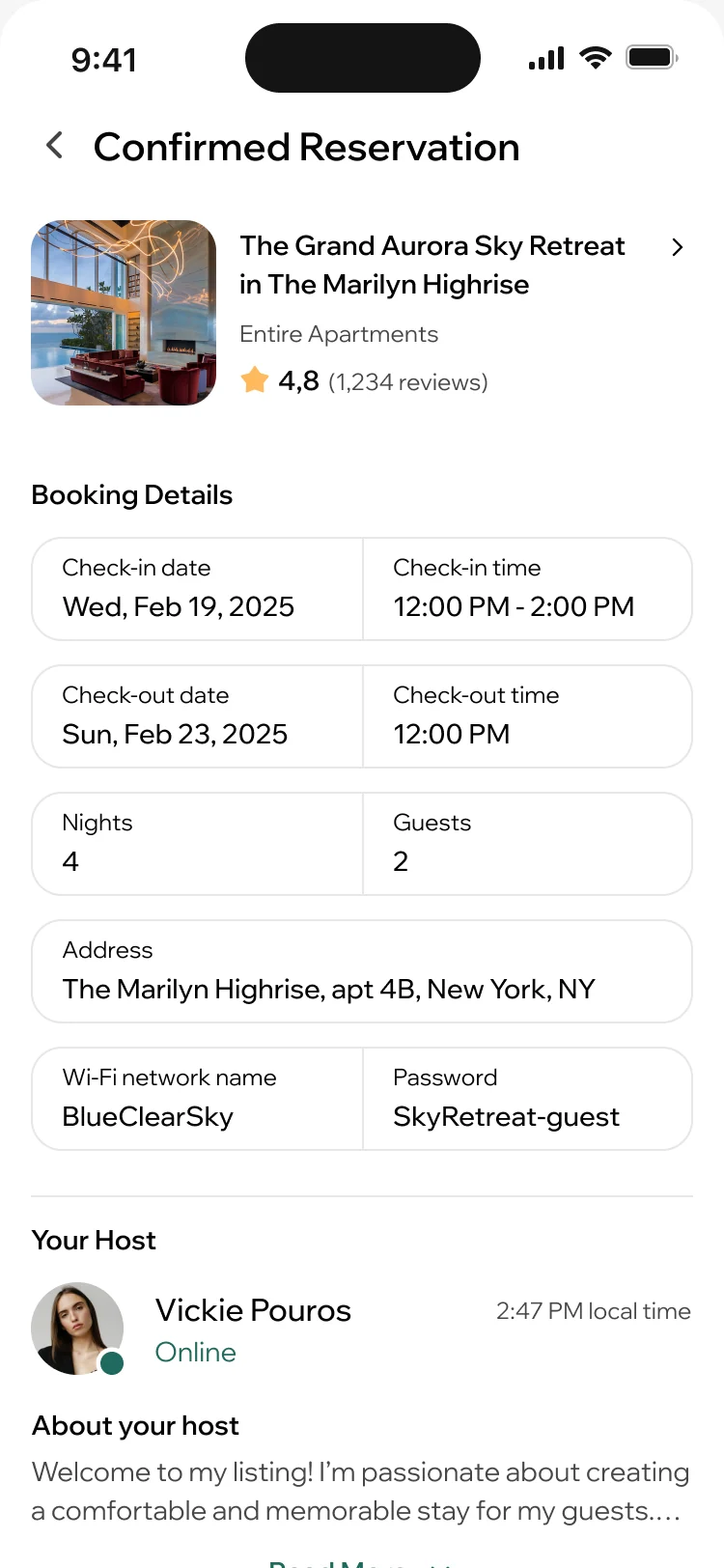 ParaVista confirmed reservation: the home, check-in and check-out dates and times, nights, guests, the address, the Wi-Fi details and the host