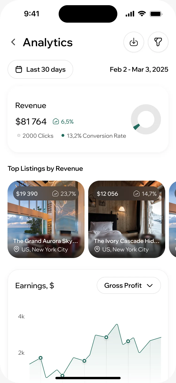 ParaVista host analytics for the last 30 days: revenue with its change, clicks and conversion, top listings by revenue and the earnings chart