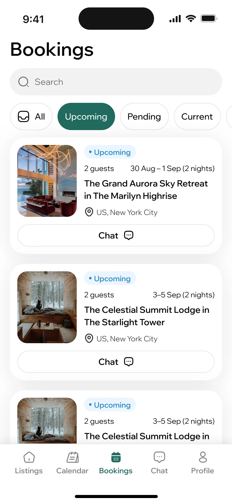 ParaVista host bookings, the upcoming tab: two reservations with dates, nights, guests and the home