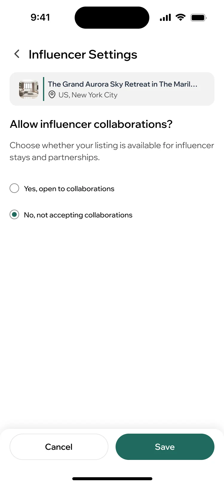 ParaVista influencer settings for a listing: allow influencer collaborations, with a yes and a no option