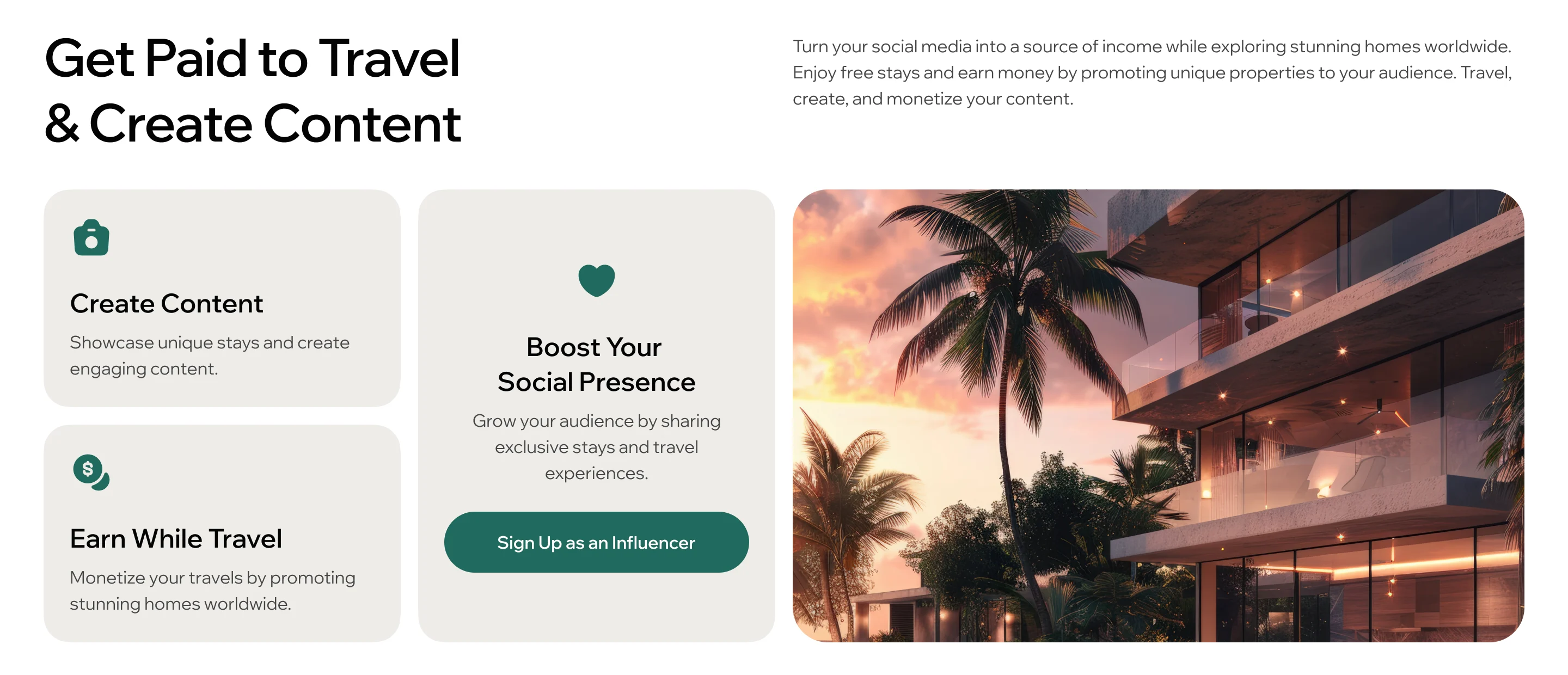 ParaVista landing section Get Paid to Travel and Create Content: create content, earn while travelling, grow a social presence and an influencer sign-up