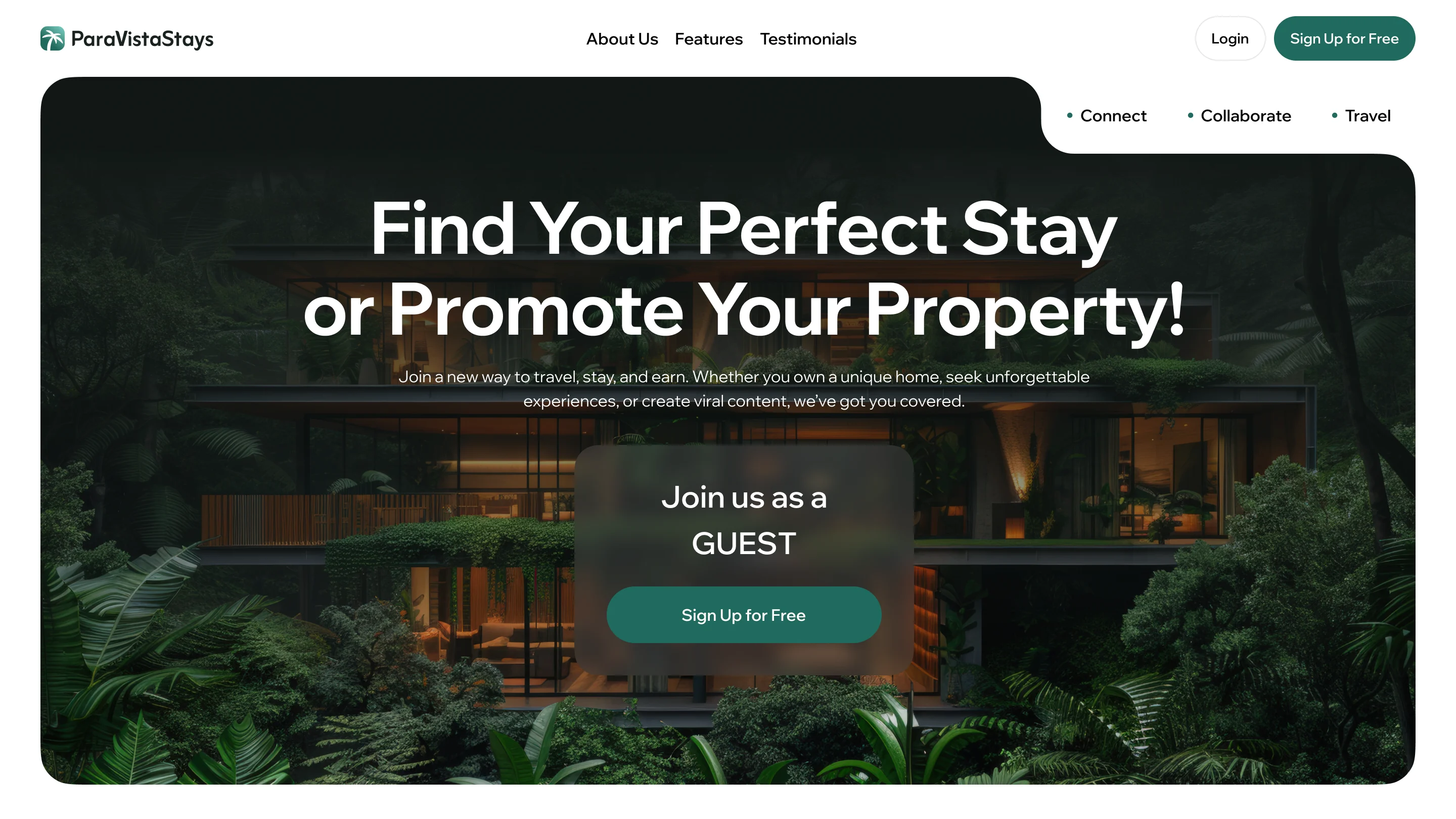 ParaVista landing page hero: Find Your Perfect Stay or Promote Your Property, over a villa at night, with a sign-up for guests