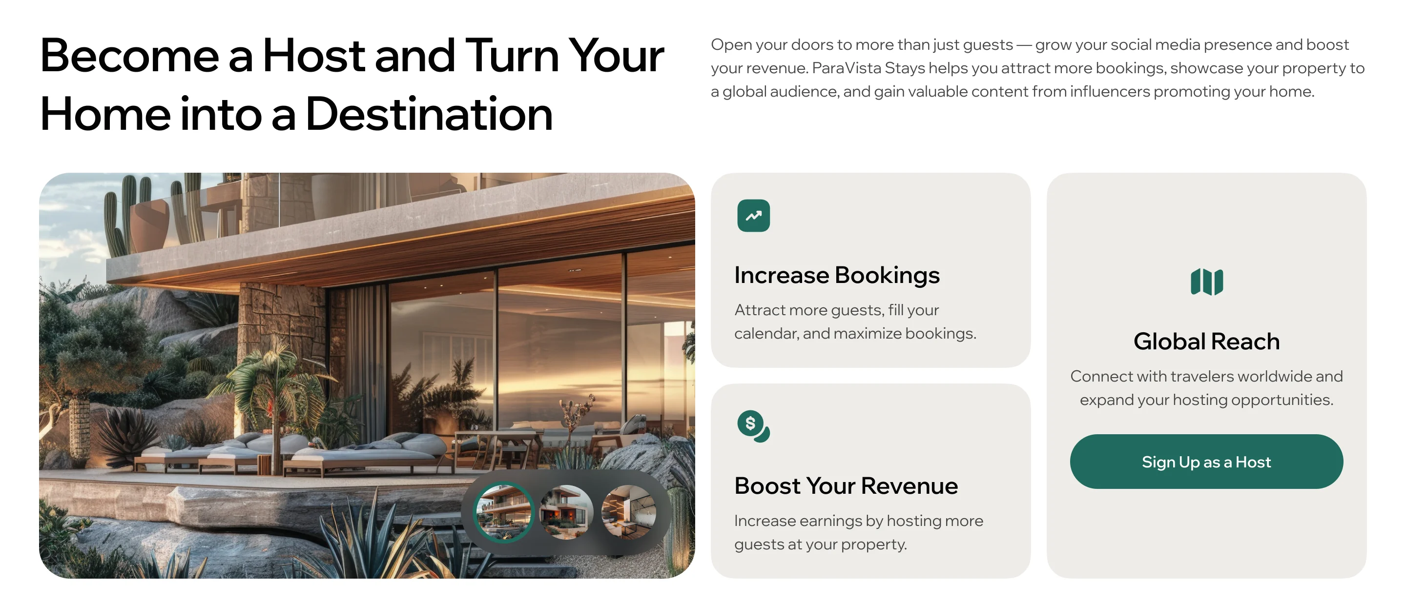 ParaVista landing section Become a Host and Turn Your Home into a Destination: more bookings, more revenue, global reach and a host sign-up