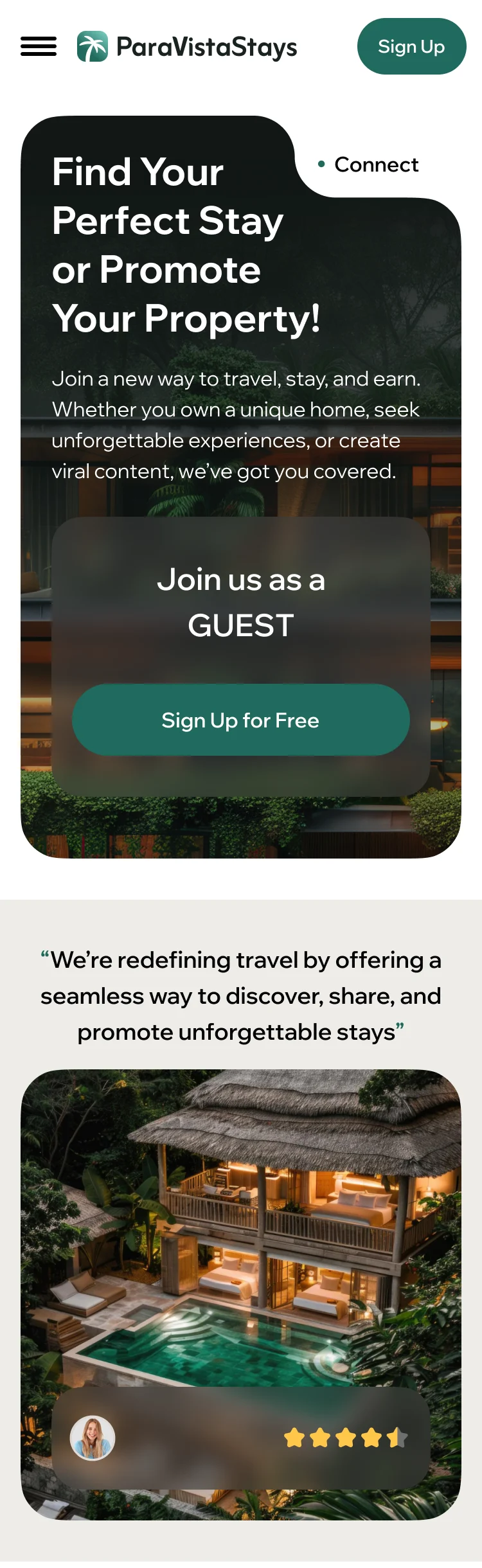The ParaVista landing page on a phone: the headline, the guest sign-up and a villa with a quote