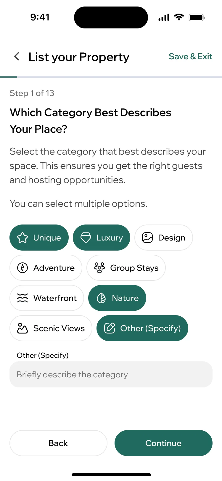 ParaVista listing setup step 1 of 13: which category best describes the place, with unique, luxury and nature selected