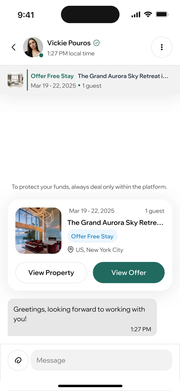 ParaVista chat with host Vickie Pouros: an offer card for a free stay at The Grand Aurora Sky Retreat with View Property and View Offer