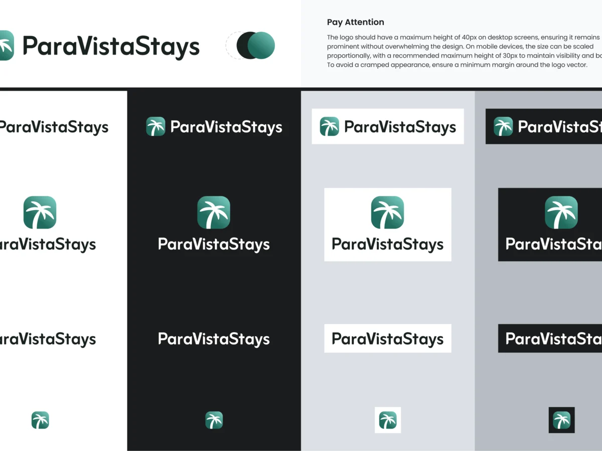 The ParaVista logo and palm mark in every version, on white, black and grey backgrounds