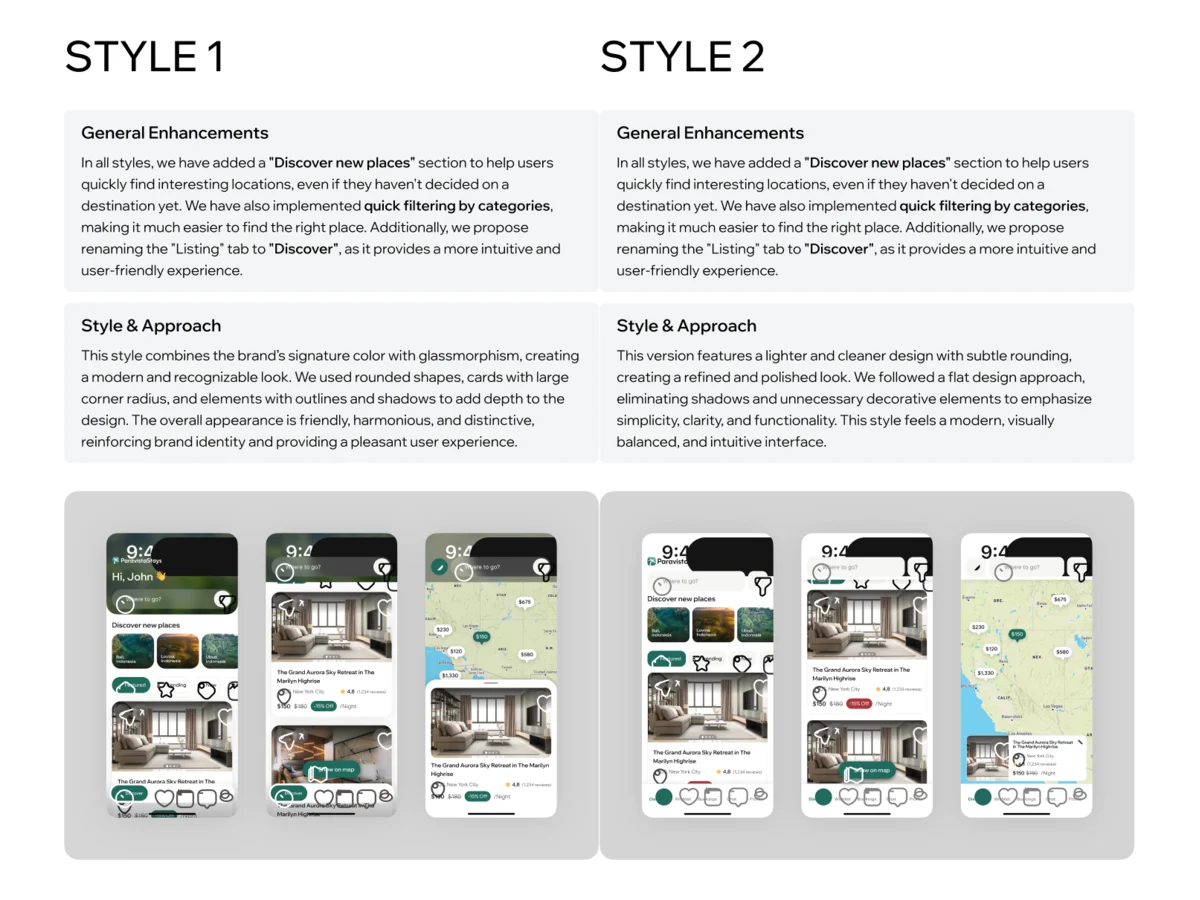 Two visual directions for ParaVista, Style 1 and Style 2, each tried on the same Discover, listing and map screens with notes on the approach