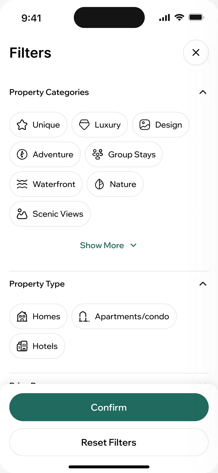 ParaVista filters: property categories such as unique, luxury and waterfront, property type, a price range and rooms and beds