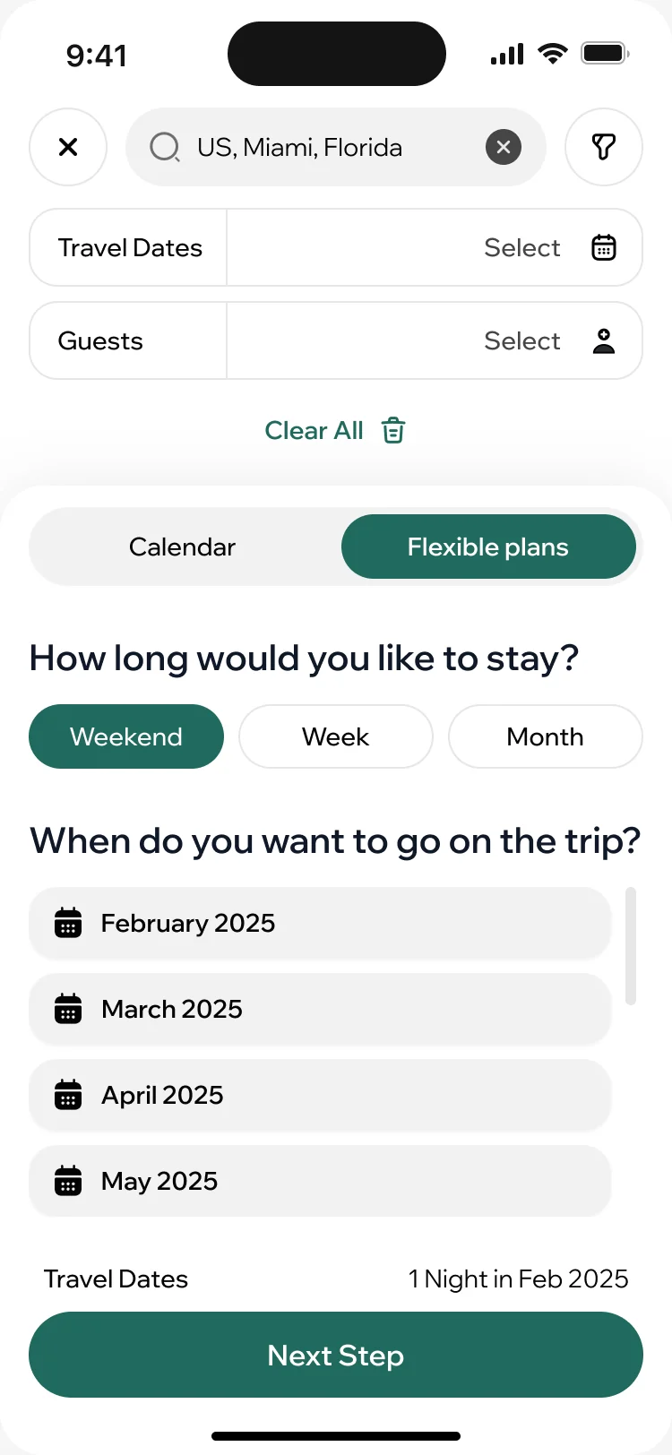 ParaVista search with flexible plans: how long to stay, weekend selected, and the months to travel from February to May 2025