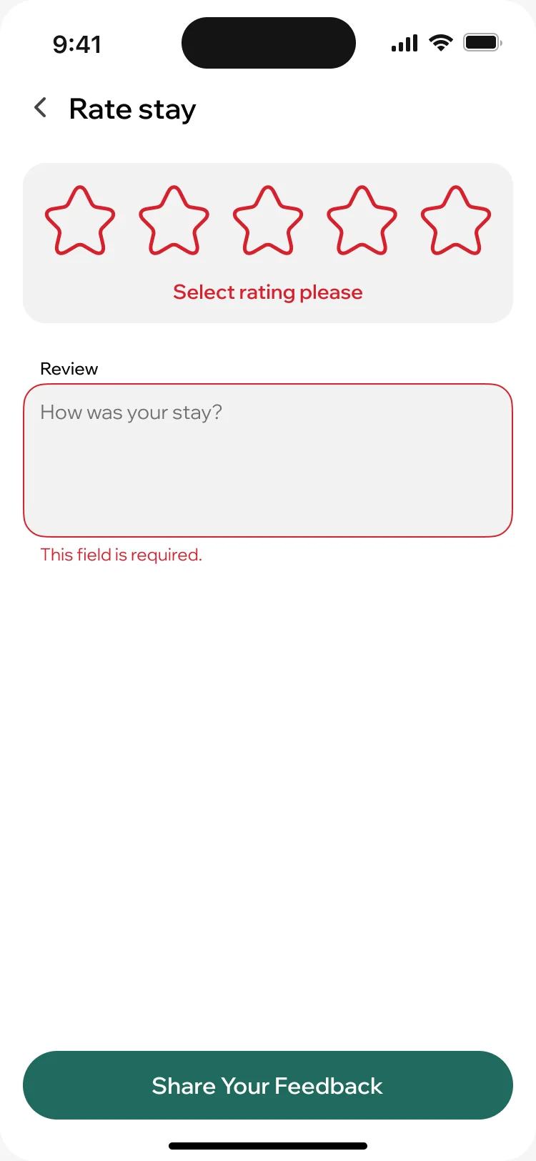 ParaVista rate stay with the stars and the review field marked in red, asking for a rating and saying the field is required