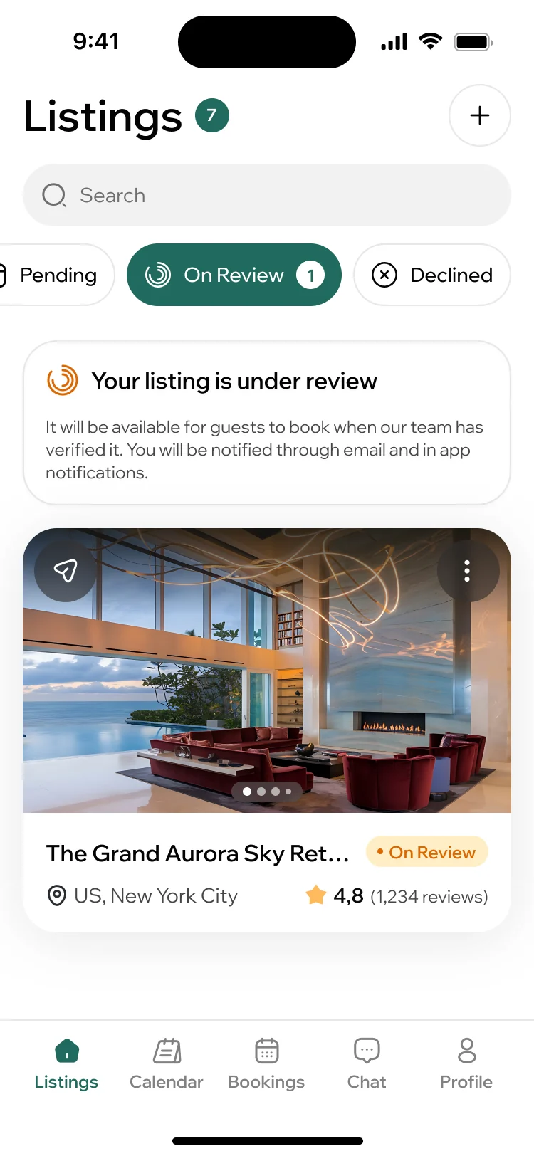 ParaVista host listings, the On Review tab: a note that the listing will be available to book once the team has verified it