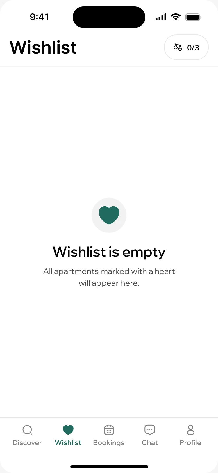 ParaVista empty wishlist: a heart and a note that homes marked with a heart will appear here