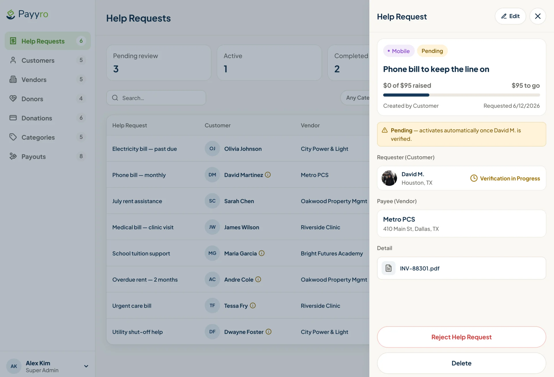 Super Admin Help Requests with a request panel open: a pending phone bill of $95 that activates once the customer is verified, the requester in verification, the payee Metro PCS, the invoice, and Reject or Delete