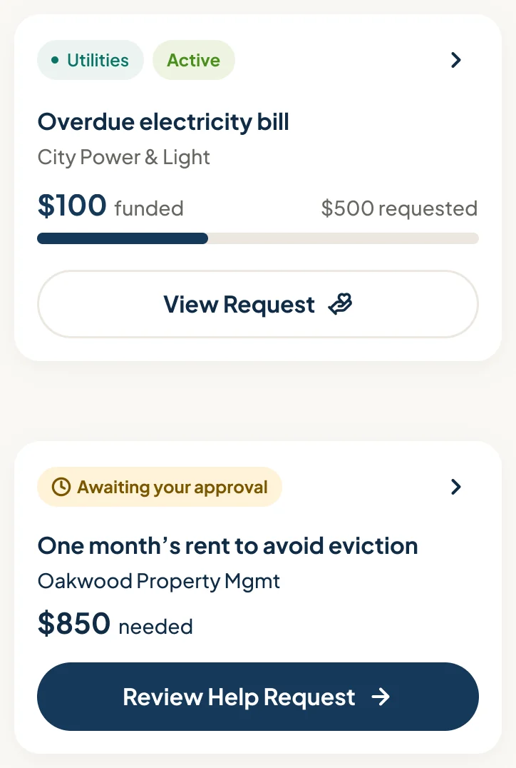 Request Card component for the customer’s phone: an active request with its funding, and one awaiting the customer’s approval