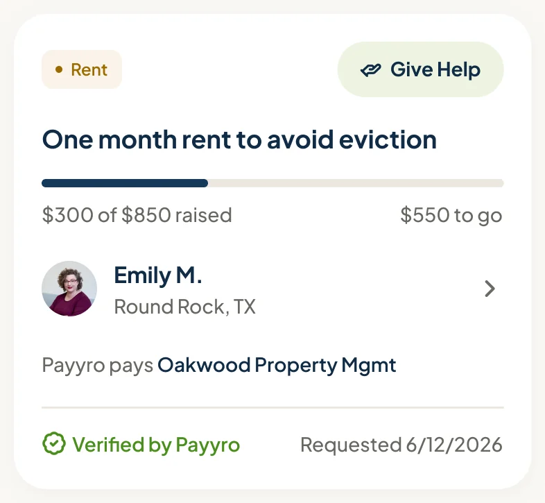 Help Request Card component for the donor browse view: category, Give Help, the title, funding progress, the requester, the vendor Payyro pays and the Verified by Payyro mark