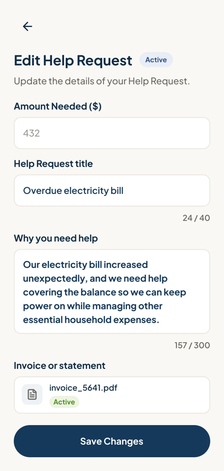 Edit Help Request on a phone: the amount greyed out, the title and the reason editable, the invoice attached, and Save Changes